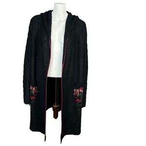 MAXSPORT Long Cardigan Sweater XL Black Floral Hood Cable Knit Lagenlook